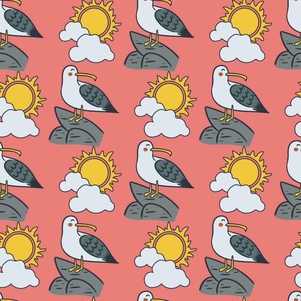 funky tekenfilm patroon met zeemeeuw Aan stenen. vector vlak hand- getrokken zee vogel met zon en wolken Aan roze achtergrond. ideaal voor kinderen textiel, behang, inpakken, achtergrond, interieur decoratie