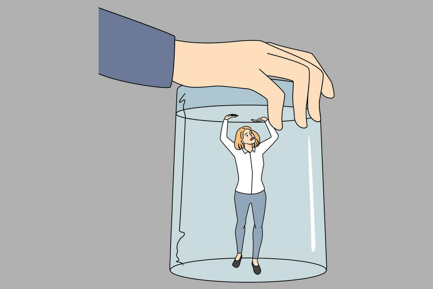 reusachtig hand- houden glas bovenstaand klein vrouw medewerker. vrouw arbeider onder reusachtig klok lijden van ongelijkheid Bij werk. concept van seksisme en discriminatie Bij werkplek. vector illustratie.