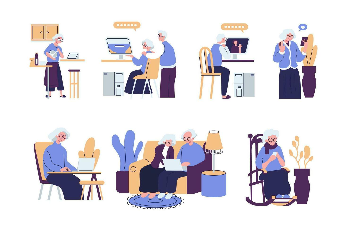 modern oud mensen gebruik makend van internetten, mobiel telefoons, computers. senior Heren, Dames, paar met smartphone, laptops. ouderen generatie online. vlak grafisch vector illustratie geïsoleerd Aan wit achtergrond