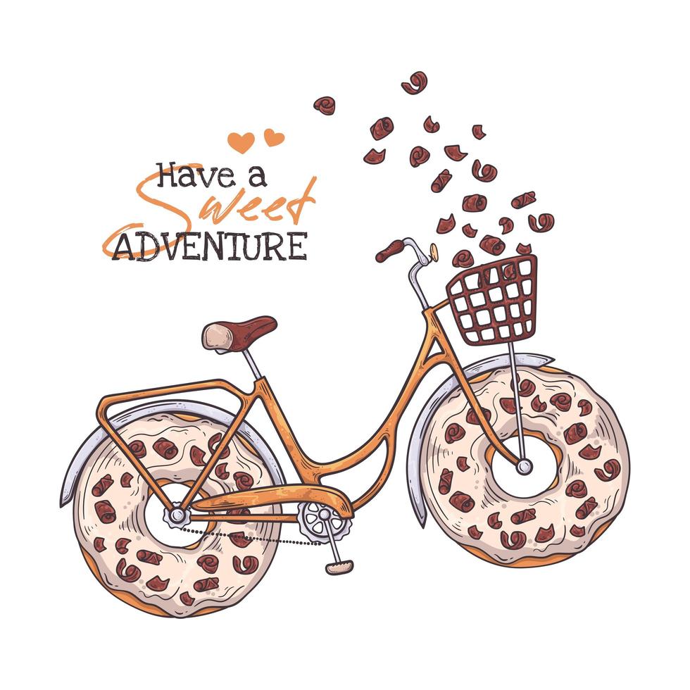 vectorillustraties schetsen. fiets met donuts in plaats van wielen. vector