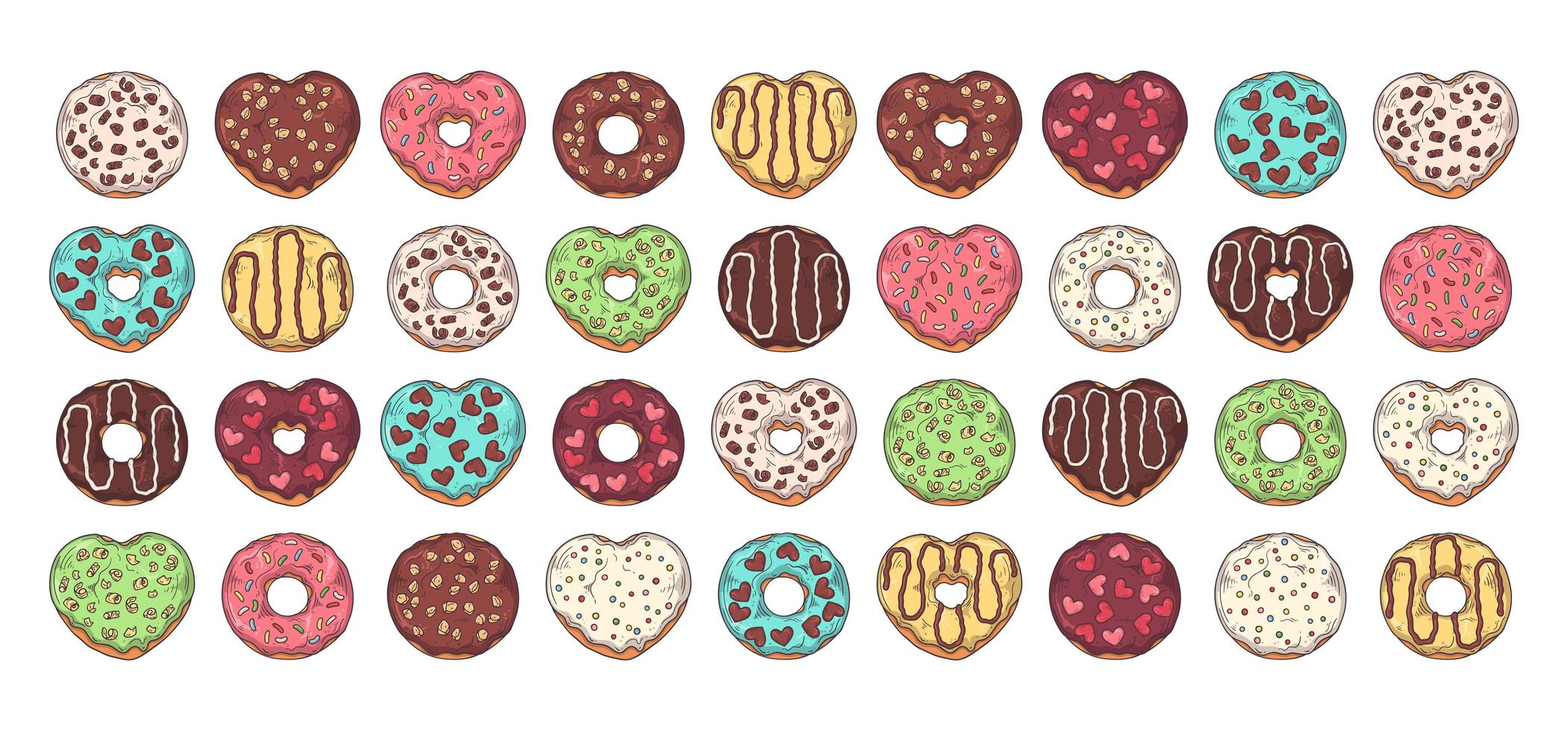 grote vector set geglazuurde donuts versierd met toppings, chocolade, noten.