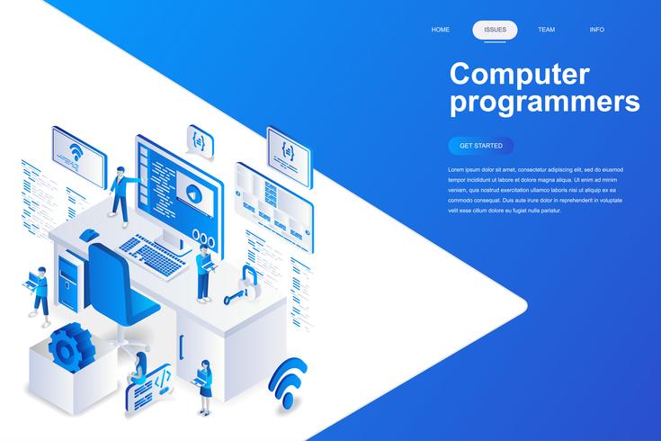 Computer programmeurs moderne platte ontwerp isometrische concept. Softwareontwikkeling en mensenconcept. Bestemmingspaginasjabloon. Conceptuele isometrische vectorillustratie voor web- en grafisch ontwerp. vector