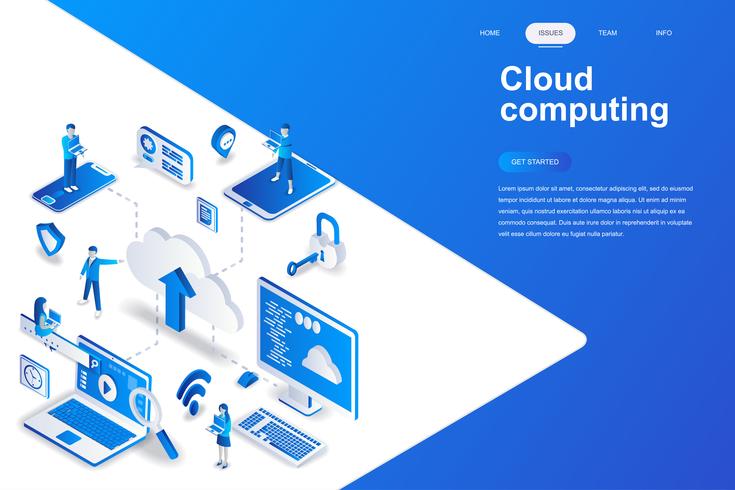 Cloud computing moderne platte ontwerp isometrische concept. Bedrijfstechnologie en mensenconcept. Bestemmingspaginasjabloon. Conceptuele isometrische vectorillustratie voor web- en grafisch ontwerp. vector