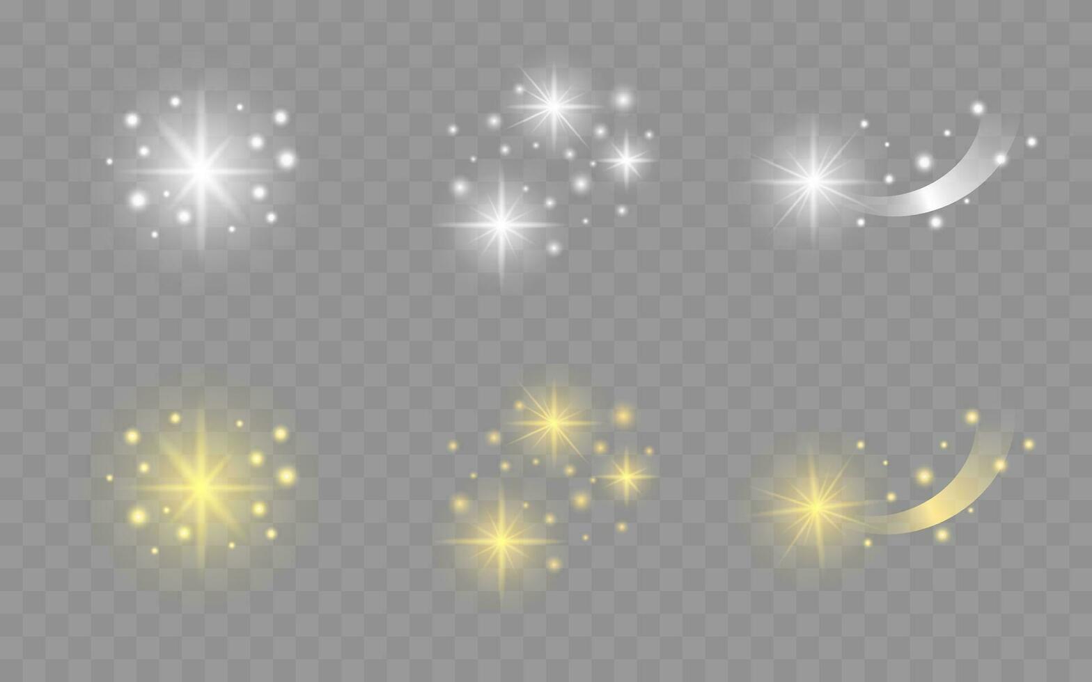 reeks van de levendig sterren elementen, sterrenlicht, licht, schijnwerper. gloed geïsoleerd wit en goud transparant licht effect set, explosie, glimmend glinstert, zonnestralen vector