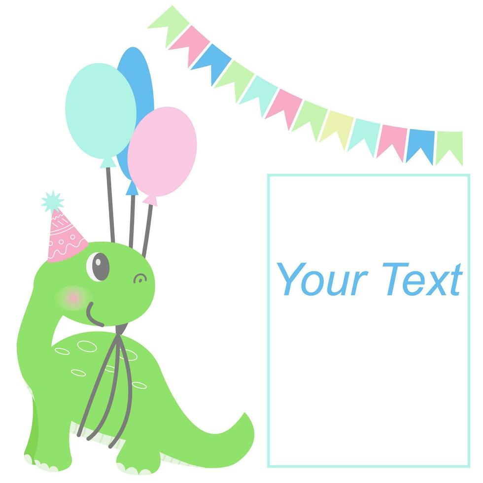 schattig baby dinosaurus met baloons en partij hoed. verjaardag uitnodiging. gelukkig verjaardag groet kaart. vector illustratie. sjabloon voor taart, stickers.