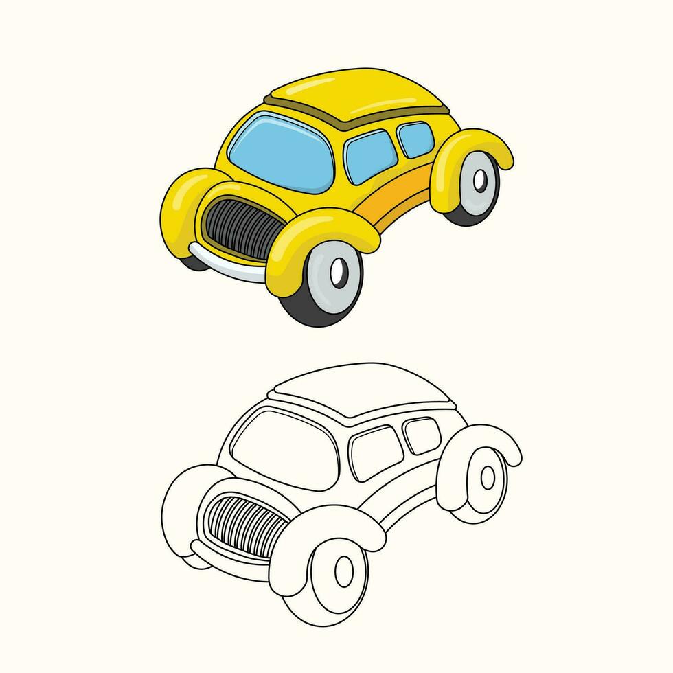 geel grappig auto vector illustratie, lijn kunst