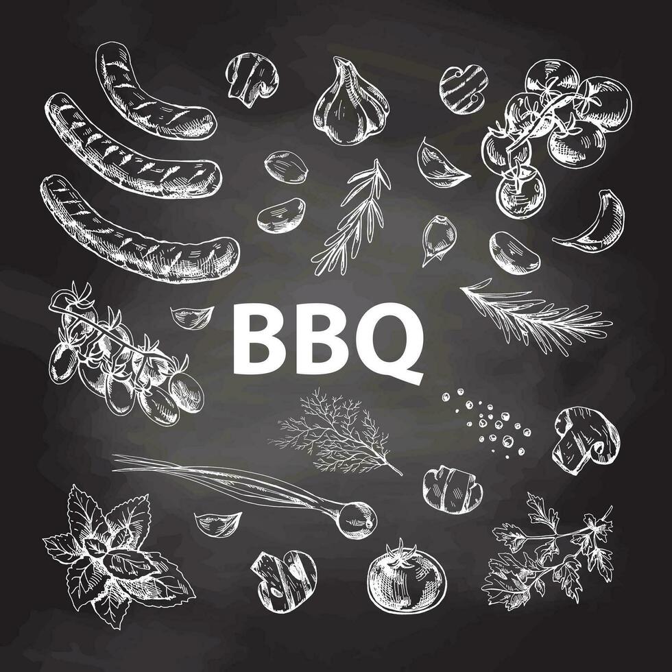 een reeks van hand getekend schetsen van barbecue elementen Aan schoolbord achtergrond. voor de ontwerp van de menu van restaurants en cafés, gegrild voedsel. vector