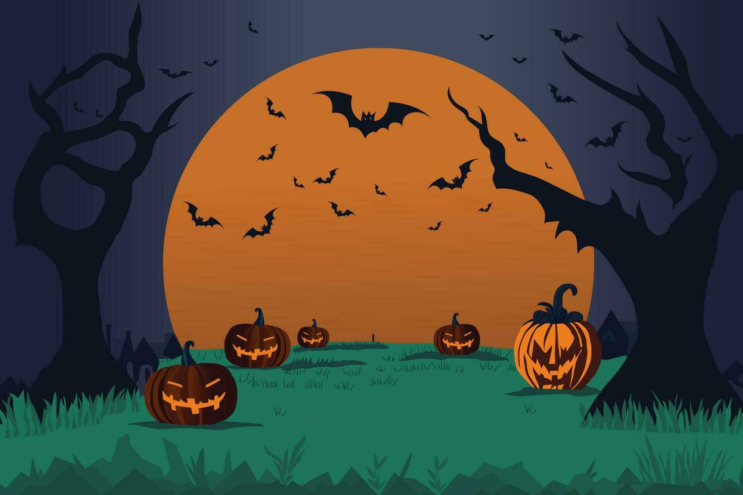 halloween nacht achtergrond met pompoen, bomen, maan, verschrikking stijl, vector illustratie