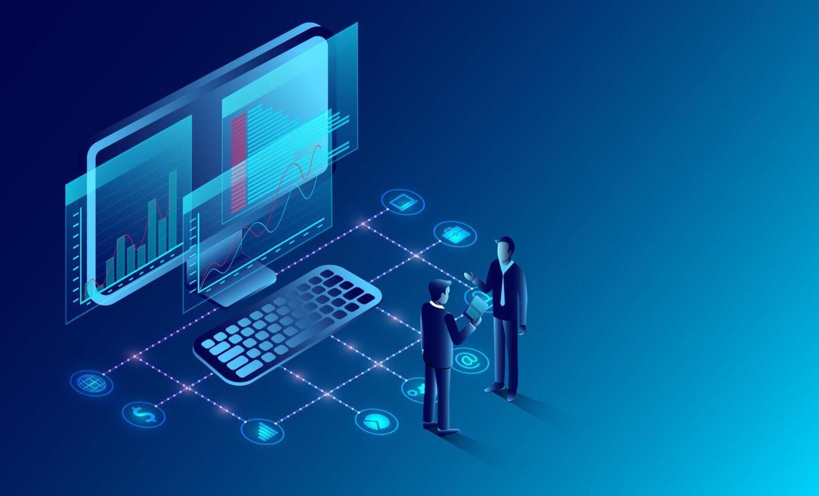 bedrijf analyse en communicatie hedendaags afzet en software voor ontwikkeling. infographic voor web banier werken Aan investeringen. illustratie tekenfilm vector