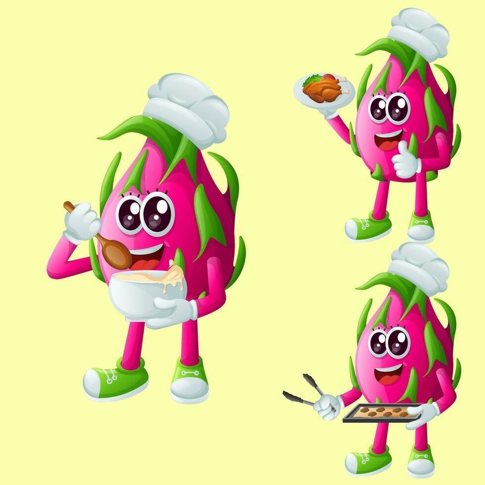 schattig draak fruit karakter in de keuken vector