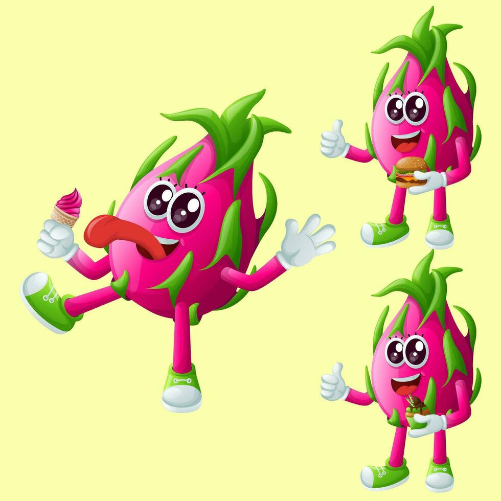 schattig draak fruit tekens genieten van voedsel vector