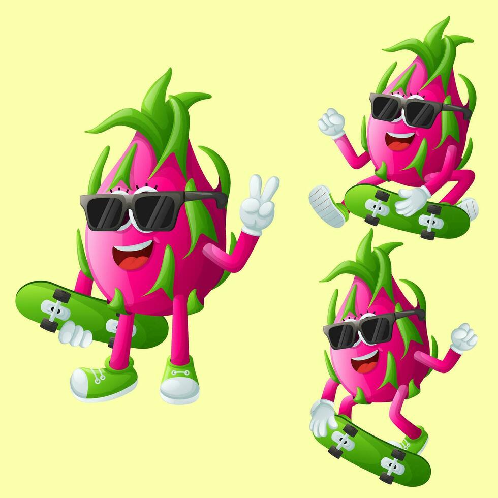 schattig draak fruit tekens skateboarden vector