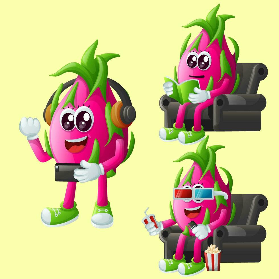 schattig draak fruit tekens genieten van vrije tijd activiteiten vector