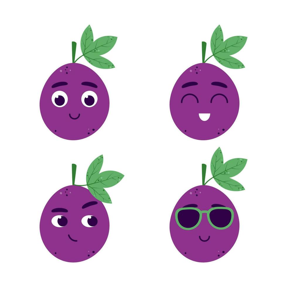 schattig passie fruit reeks met verschillend emoties. kawaii mascotte fruit karakter. tekenfilm vector illustratie.