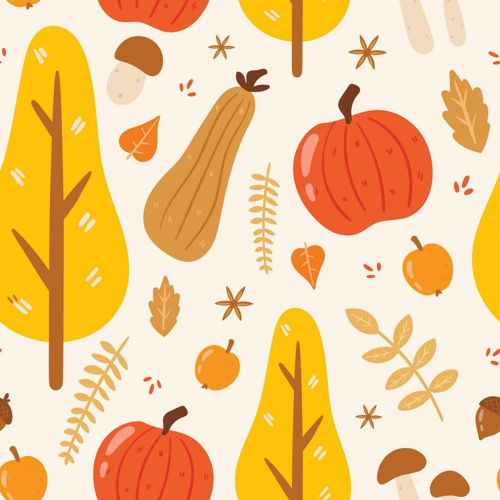 vector naadloos herfst patroon. verzameling van tekening pictogrammen van geel droog gedaald boom bladeren, appels en pompoenen, Woud twijgen en champignons.