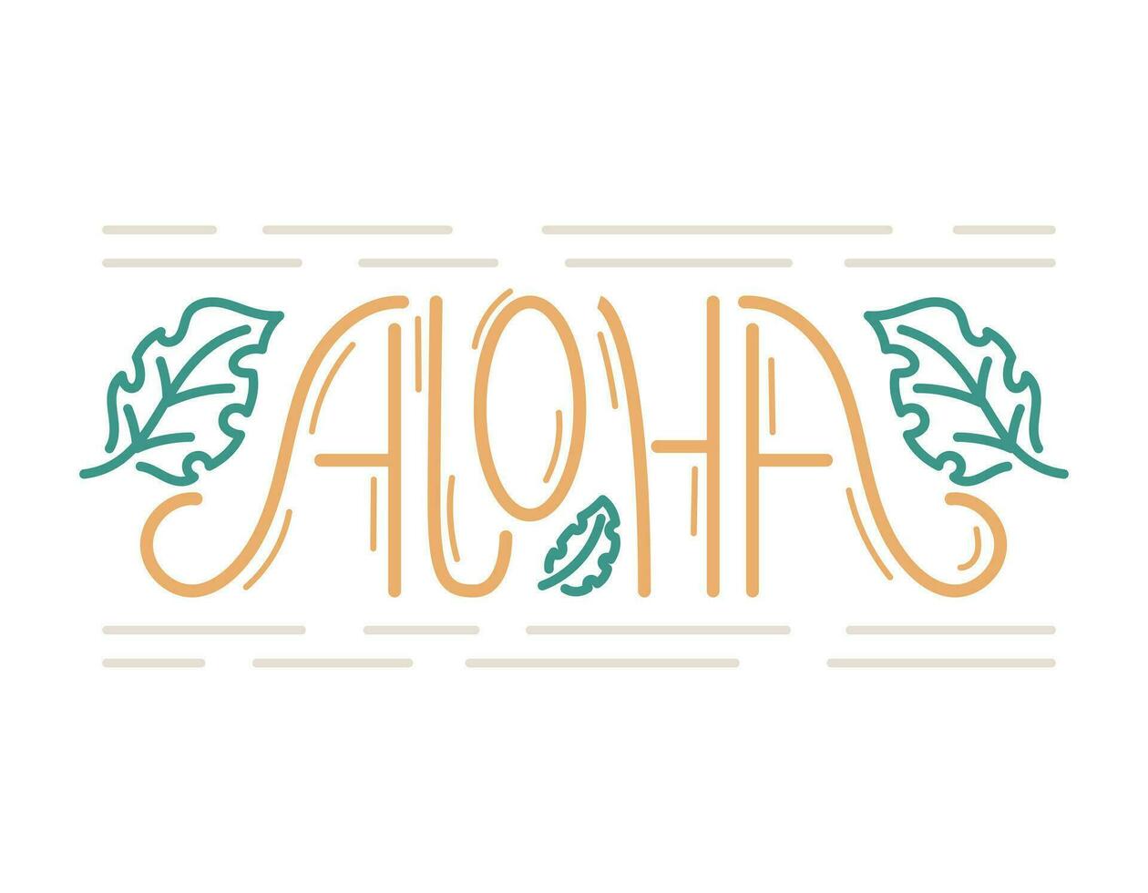 handgeschreven kalligrafische belettering aloha. vector geïsoleerd sticker, monstera tropisch bladeren, lijn kunst stijl.