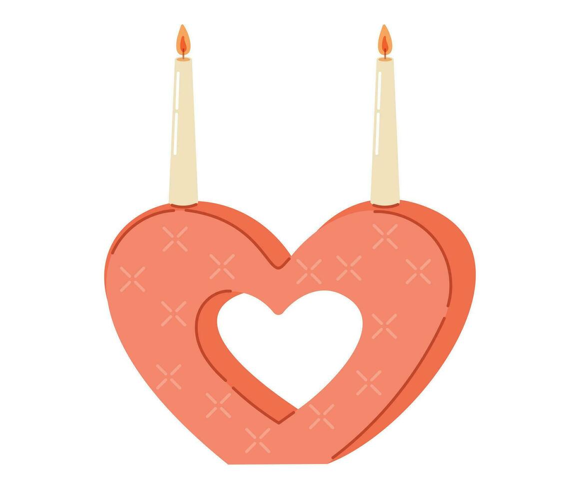 vector geïsoleerd decoratief interieur hart vormig kandelaar met kaarsen met vlam.