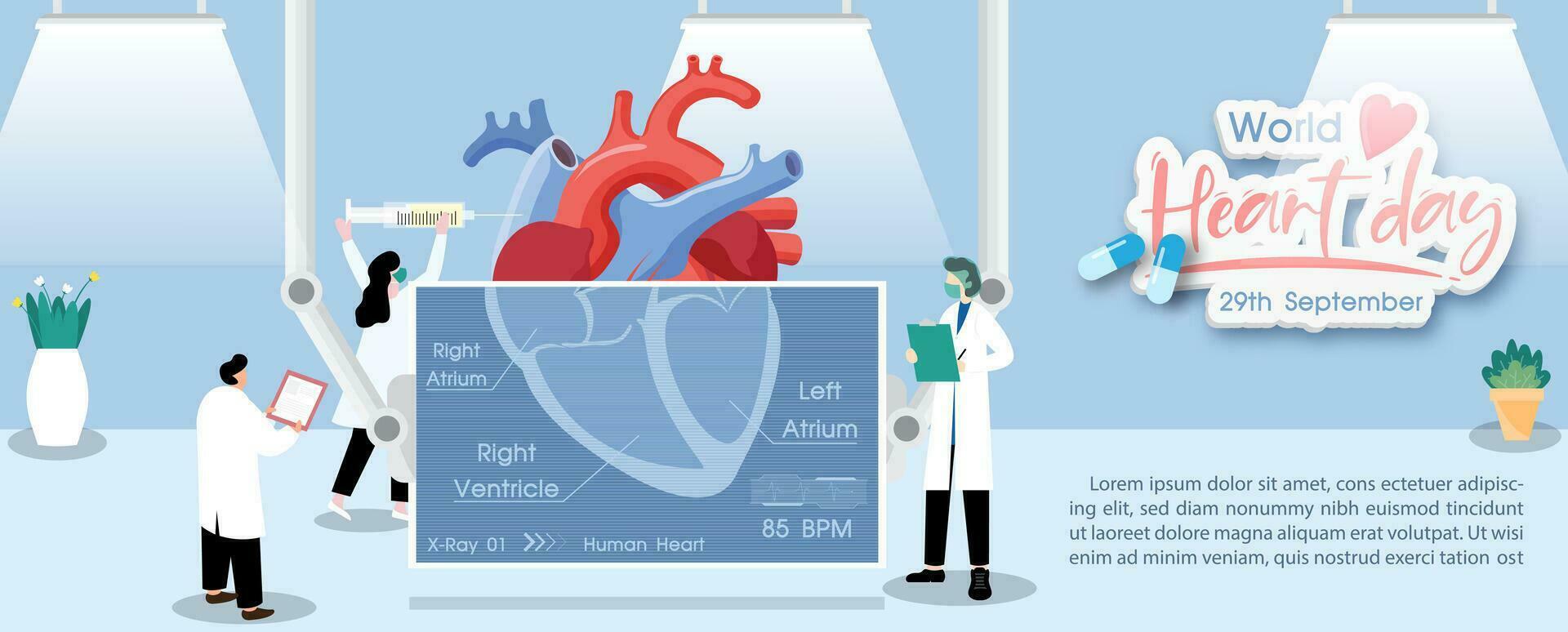 concept van wereld hart dag poster campagne in tekenfilm karakter röntgenstraal behandeling en Gezondheid zorg bewustzijn in vlak stijl en vector ontwerp Bij 29 september.