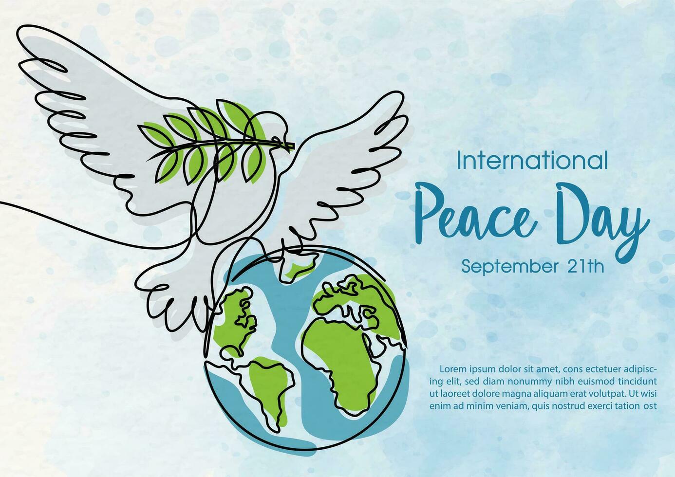 hand- trek en een lijn stijl in een vrede duif vorm met globaal, de naam van evenement belettering Aan blauw waterverf achtergrond. poster's concept van vrede dag campagne in vector ontwerp.