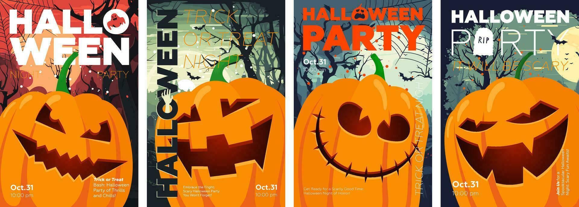 gelukkig halloween partij poster. verticaal aanplakbiljet eng pompoen. kunst Hoes spookachtig jack lantaarn in maanverlicht. oktober 31 vakantie verschrikking avond promotionele artwork spandoek. creatief typografie vector prints