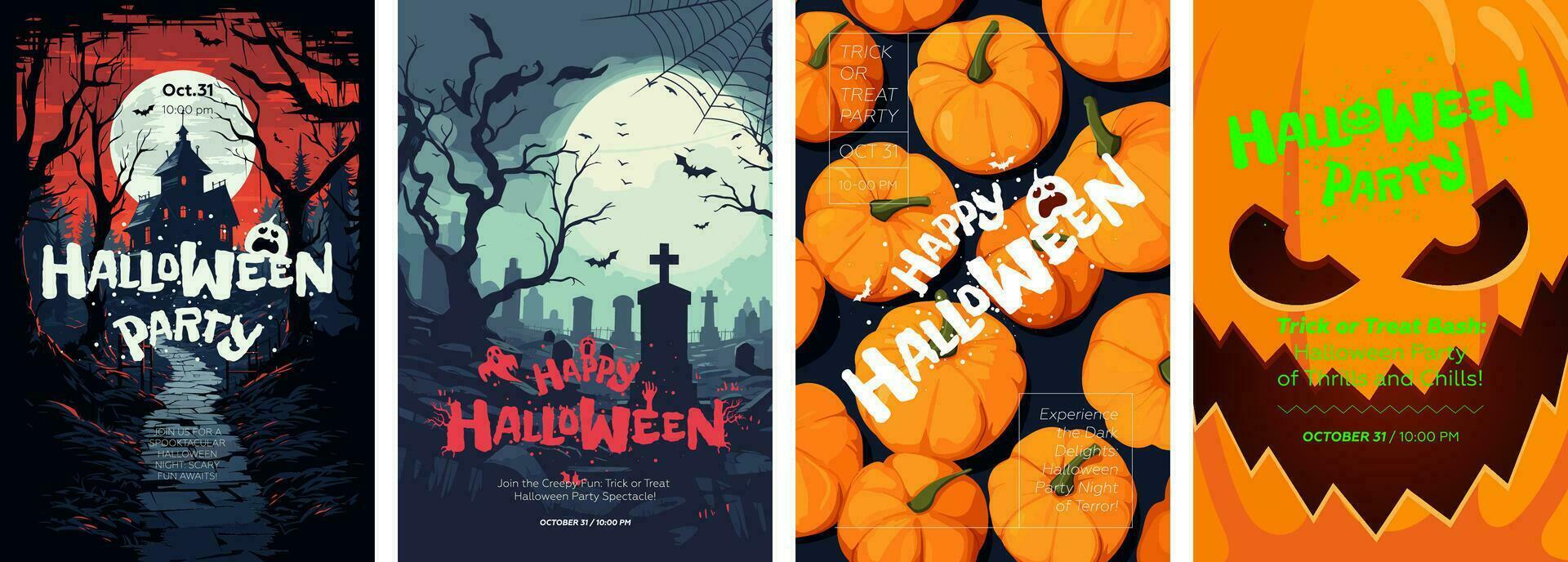 gelukkig halloween partij poster set. tekening plakkaten met oud herenhuis, begraafplaats en pompoen achtergrond. kunst Hoes verschrikking nacht. oktober 31 vakantie avond promotionele kunstwerk. typografie afdrukken sjabloon vector