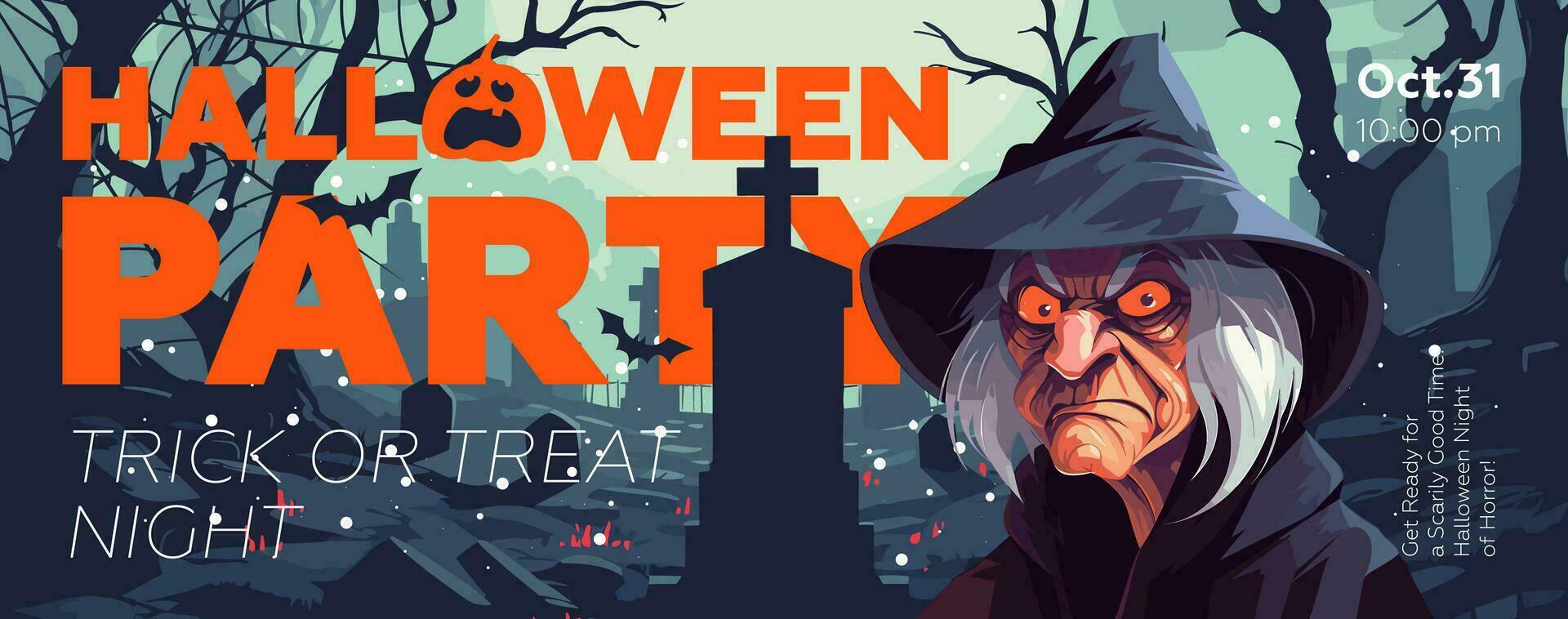 halloween partij banier met heks Aan grafstenen achtergrond. horizontaal poster onheil tovenares in maanlicht begraafplaats. kunst Hoes spookachtig oud heks. vakantie nacht promo artwork folder. modieus typografie eps afdrukken vector