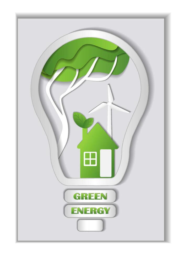 glas licht lamp, groen stad concept, boom, meer, huizen, wind generator. papier besnoeiing huis, groen huis concept, eco huis, eco vriendelijk stad, recycling concept, schoon huis vector