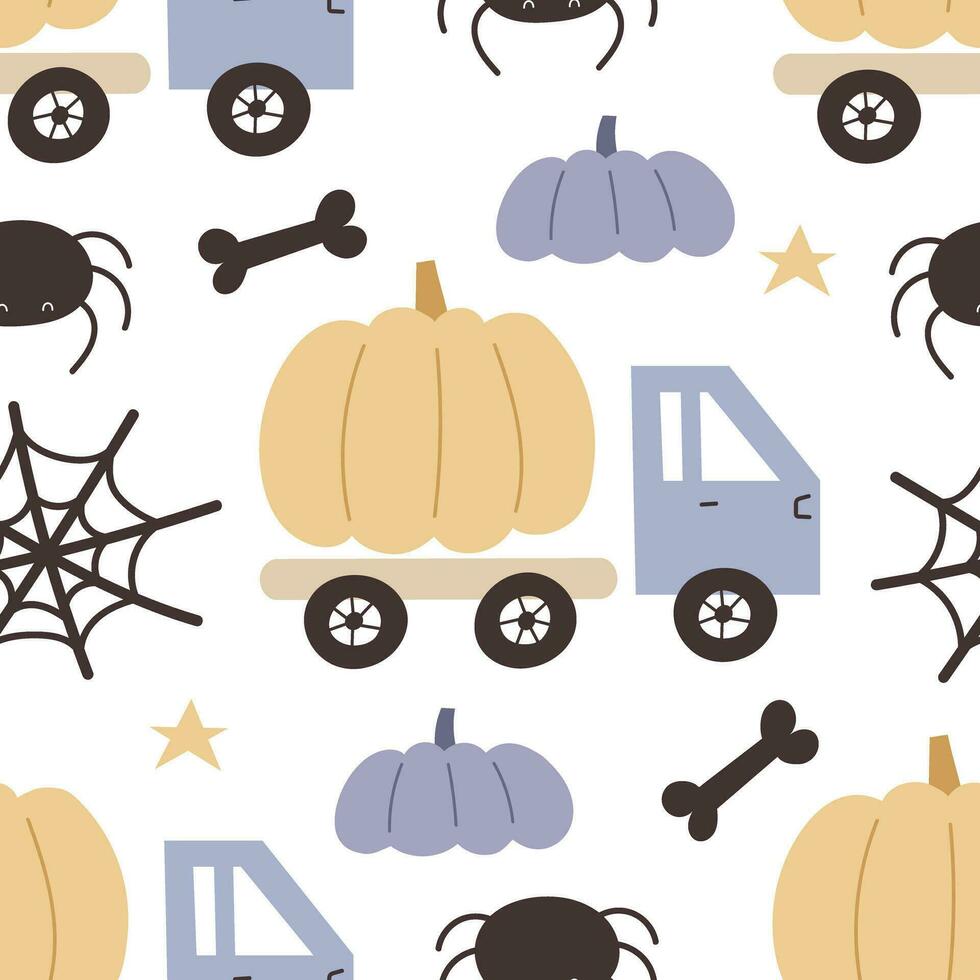 halloween naadloos patroon met tekenfilm pompoenen auto, decor element. kleurrijk vector vlak stijl. vakantie thema. hand- tekening. ontwerp voor kleding stof, afdrukken, wikkel, textiel