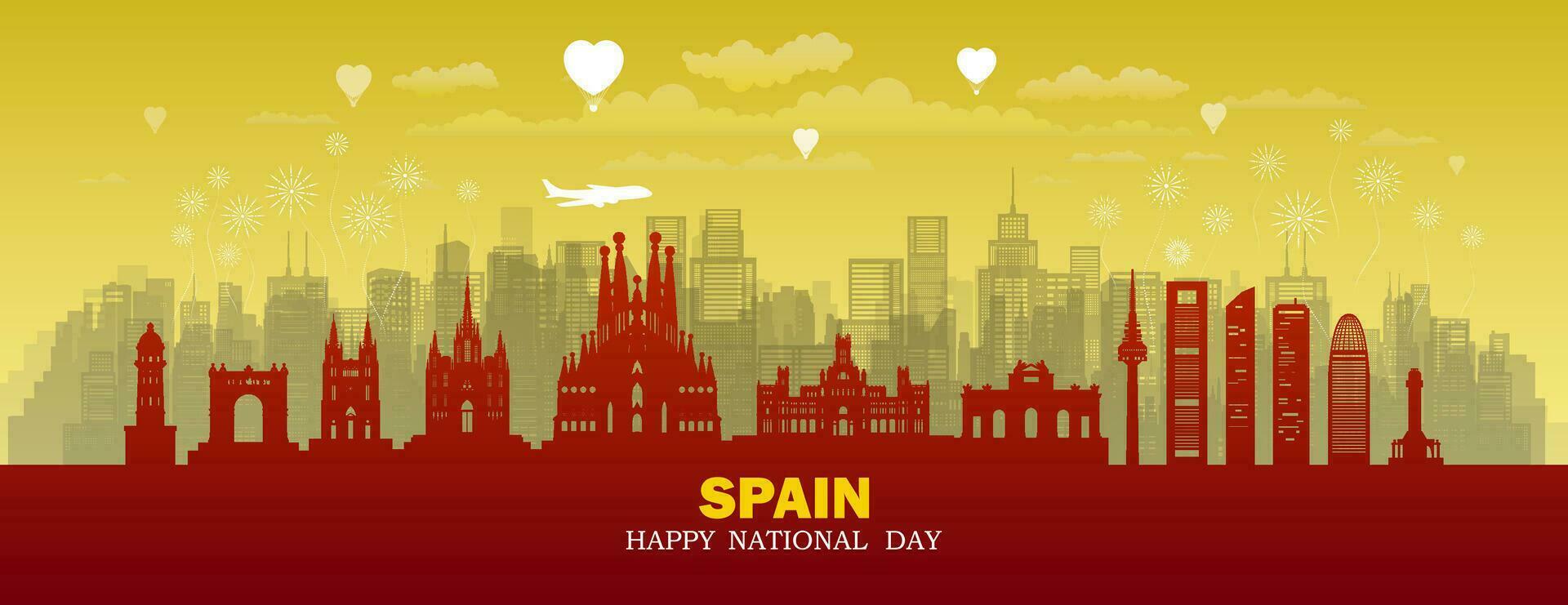 reizen oriëntatiepunten Spanje met silhouet architectuur achtergrond, Spanje republiek dag. vector