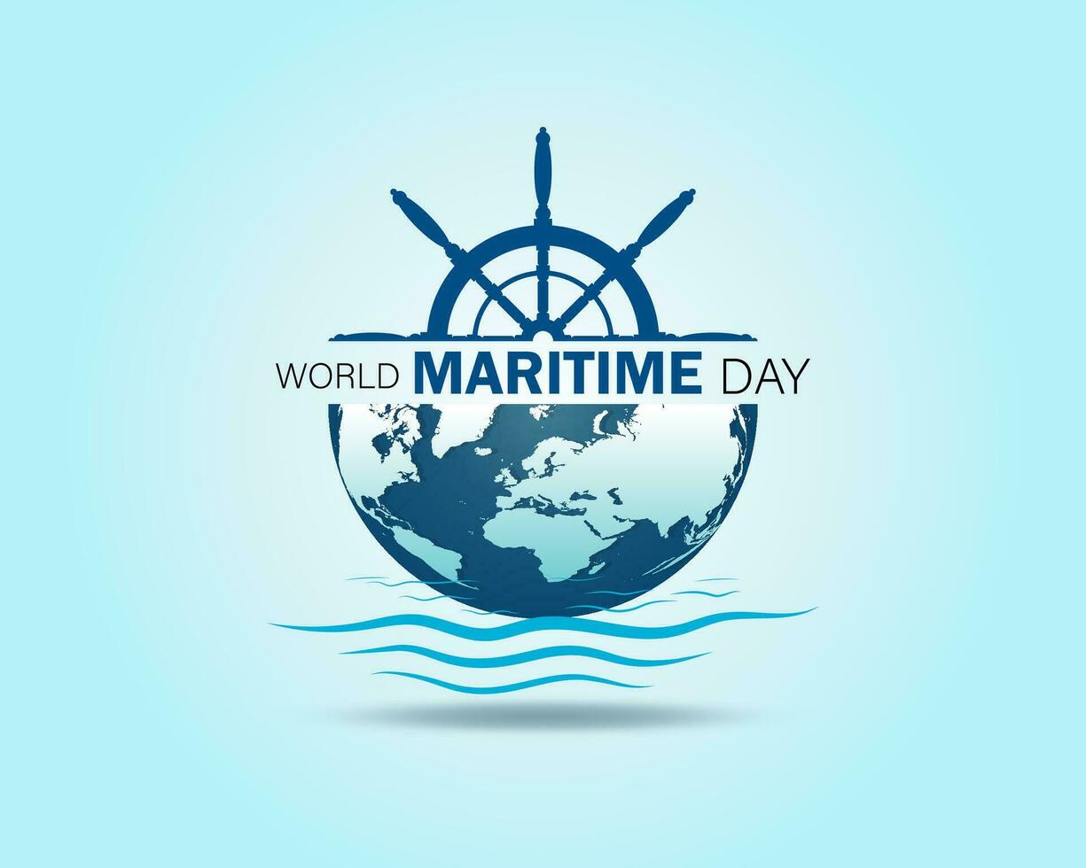 wereld maritiem dag met wereld kaart en schip wiel symbool. vector