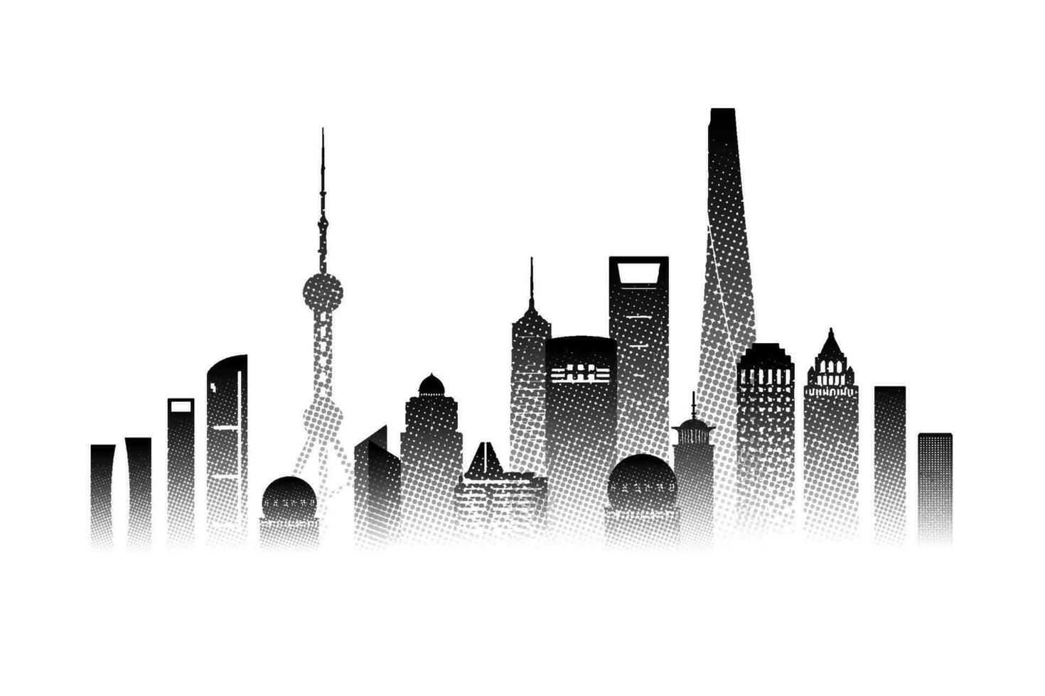 reizen architectuur silhouet in Shanghai met zwart halftone stijl. vector