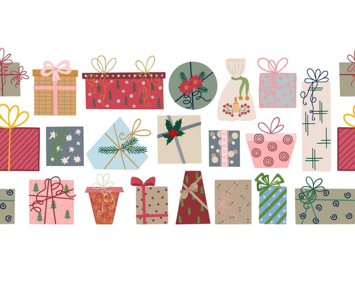 Kerstmis geschenk doos met lint en boog vector illustratie naadloos grens, vrolijk Kerstmis en gelukkig nieuw jaar feestelijk traditioneel winter vakantie decor