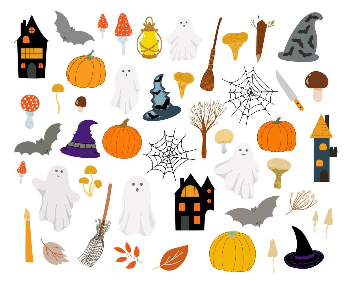 halloween elementen set, hand- getrokken tekening herfst vakantie viering decor, schattig spookachtig gemakkelijk karakter vector illustraties, modieus vakantie symbolen