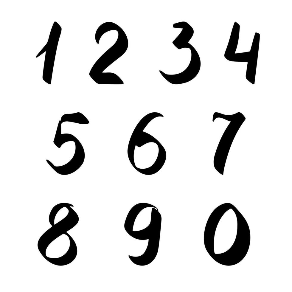 klein hand- getrokken zwart getallen van een naar nul in tekening stijl vector illustratie, kalligrafische wiskunde symbolen, schattig grappig decoratief contour belettering