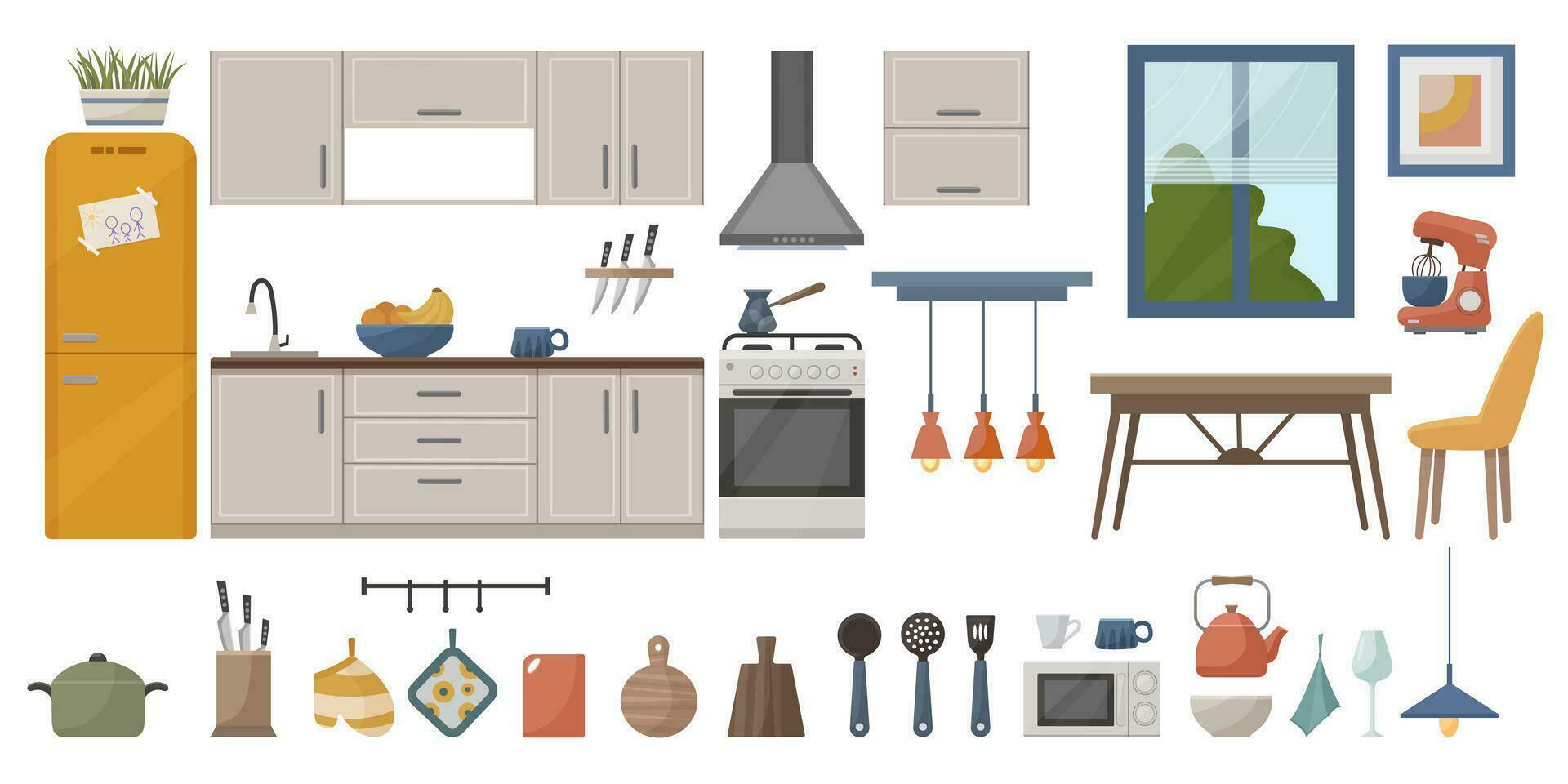 reeks van vector interieur elementen. knus keuken interieur met meubilair. decor voor de keuken. keuken hulpmiddelen. keuken meubilair. koelkast en oven, magnetron, schappen voor borden, tafel. vector.