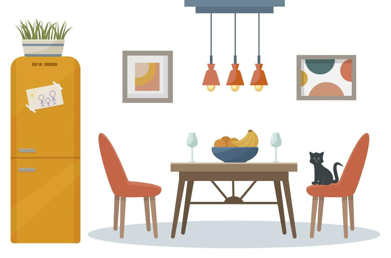 knus keuken interieur met meubilair. decor voor de keuken.keuken meubilair. koelkast, tafel, stoelen, bril, schilderijen, ingemaakt fabriek. vector in vlak stijl.