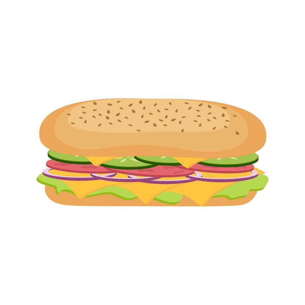 Sandwich. tussendoortje snel voedsel. gehaktbal sub, inpakken en traditioneel ham en kaas Aan geroosterd brood. vector illustratie geïsoleerd Aan wit achtergrond eps10.