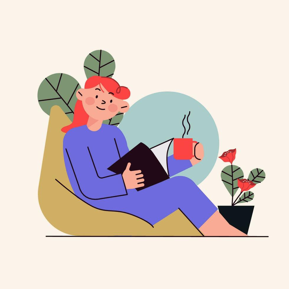een Dames genieten van lezen terwijl ontspannende vector