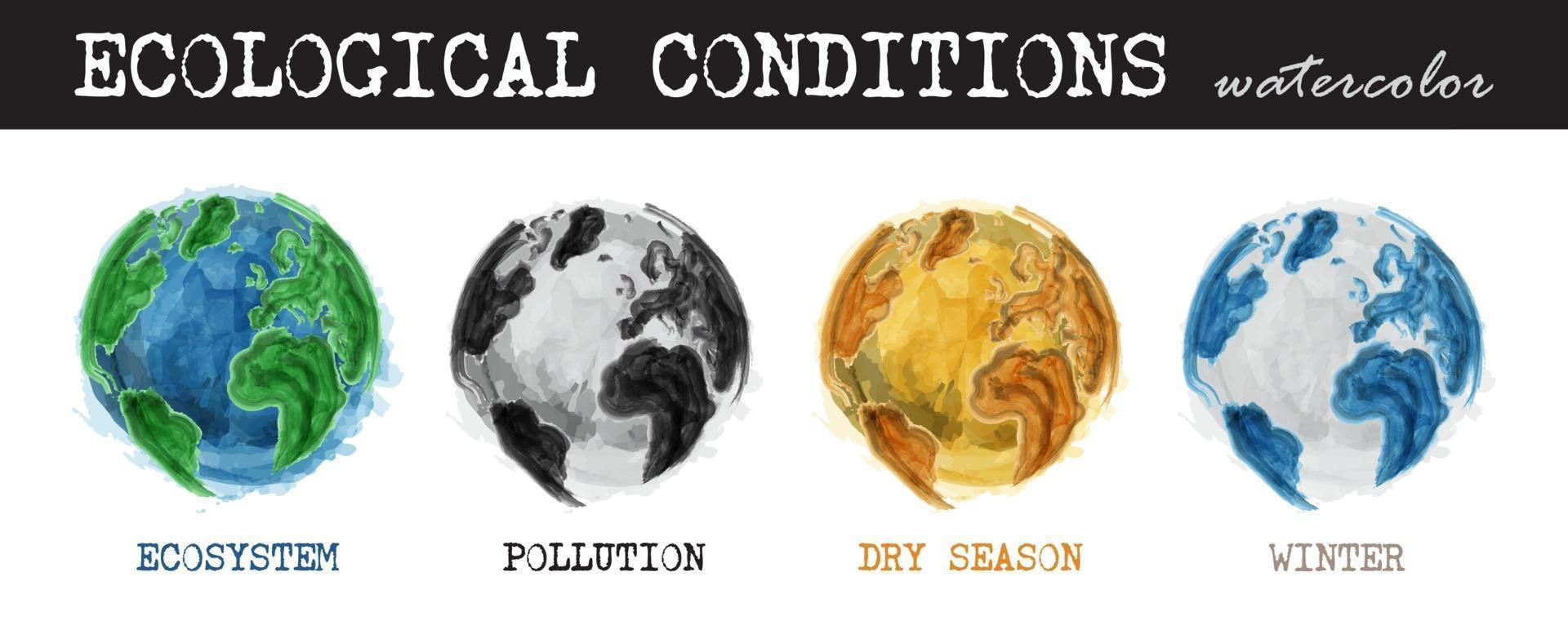 ecologische omstandigheden. realistisch aquarelontwerp. 4 toestand van de wereld zijn ecosysteem, vervuiling, droge seizoen, winter. geïsoleerde achtergrond. milieu en opwarming van de aarde concept. vector