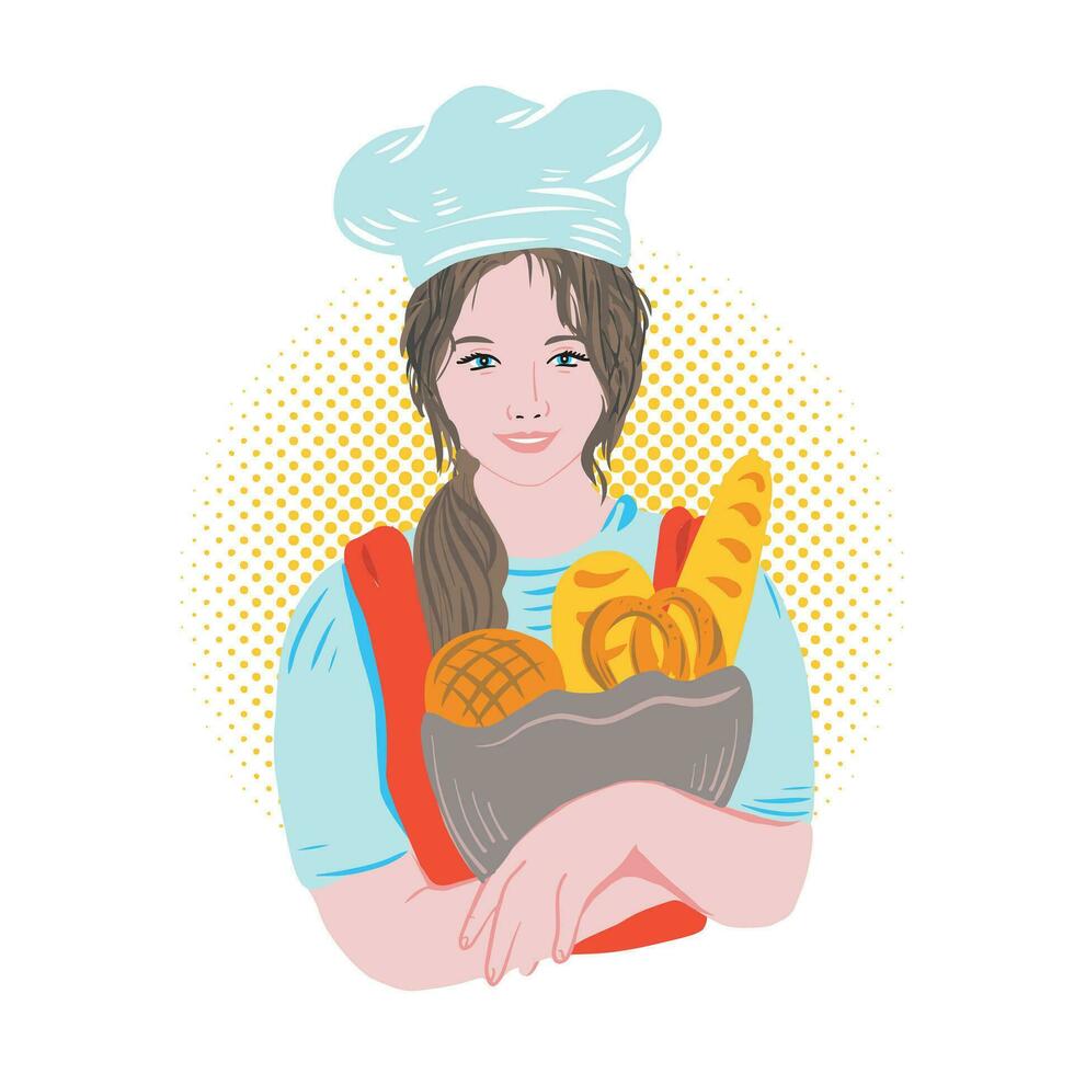 chef bakker meisje Holding gebakjes in haar handen.restaurant bedrijf concept.logo.vector illustratie. vector