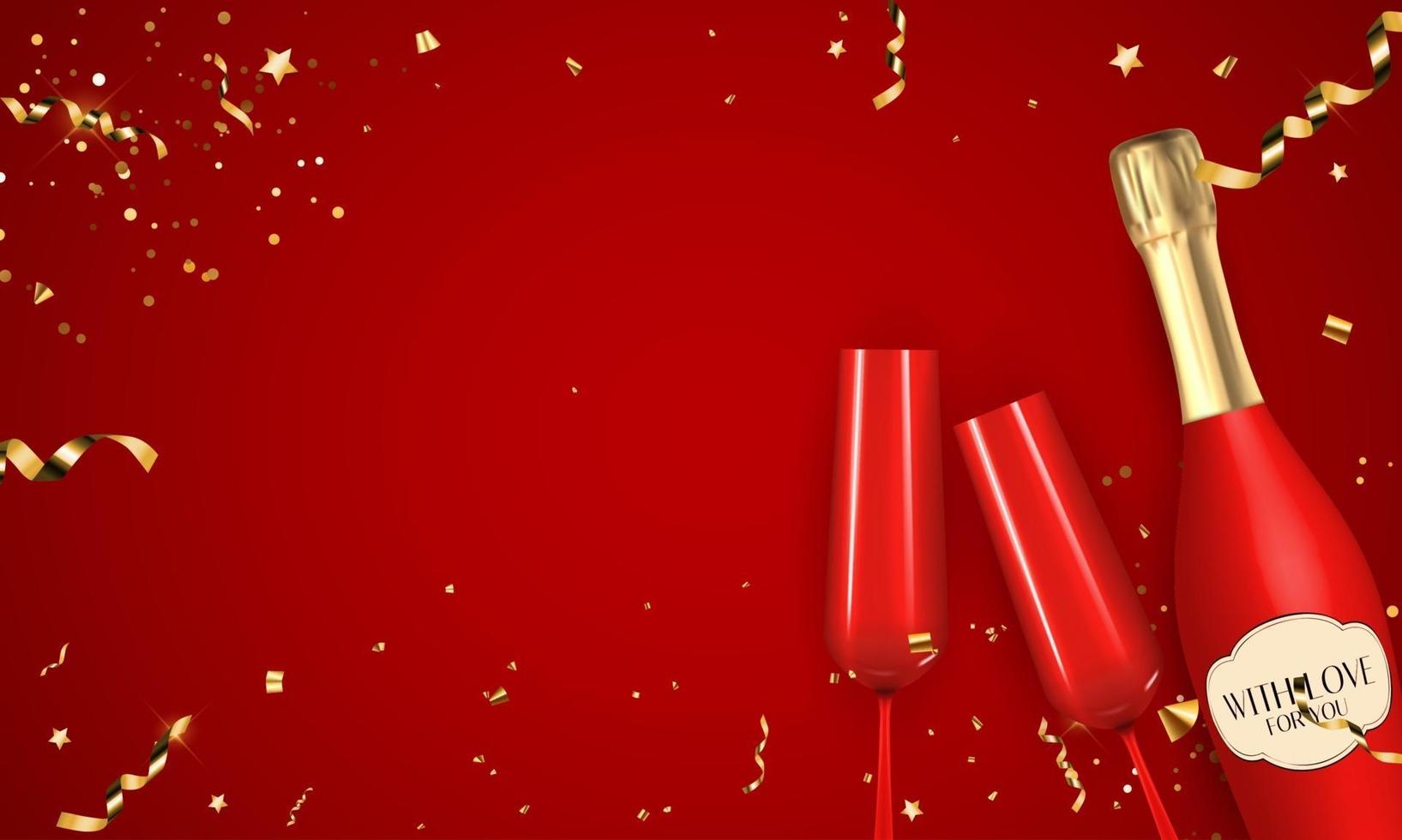 abstracte rode feestvakantie achtergrond met confetti en gouden lint, champagnefles en glas vector