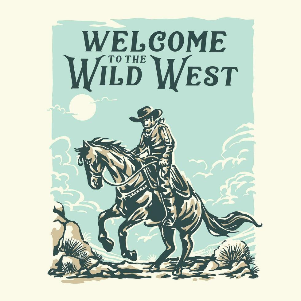 cowboy rijden een paard Aan een verlaten wild west woestijn landschap vector