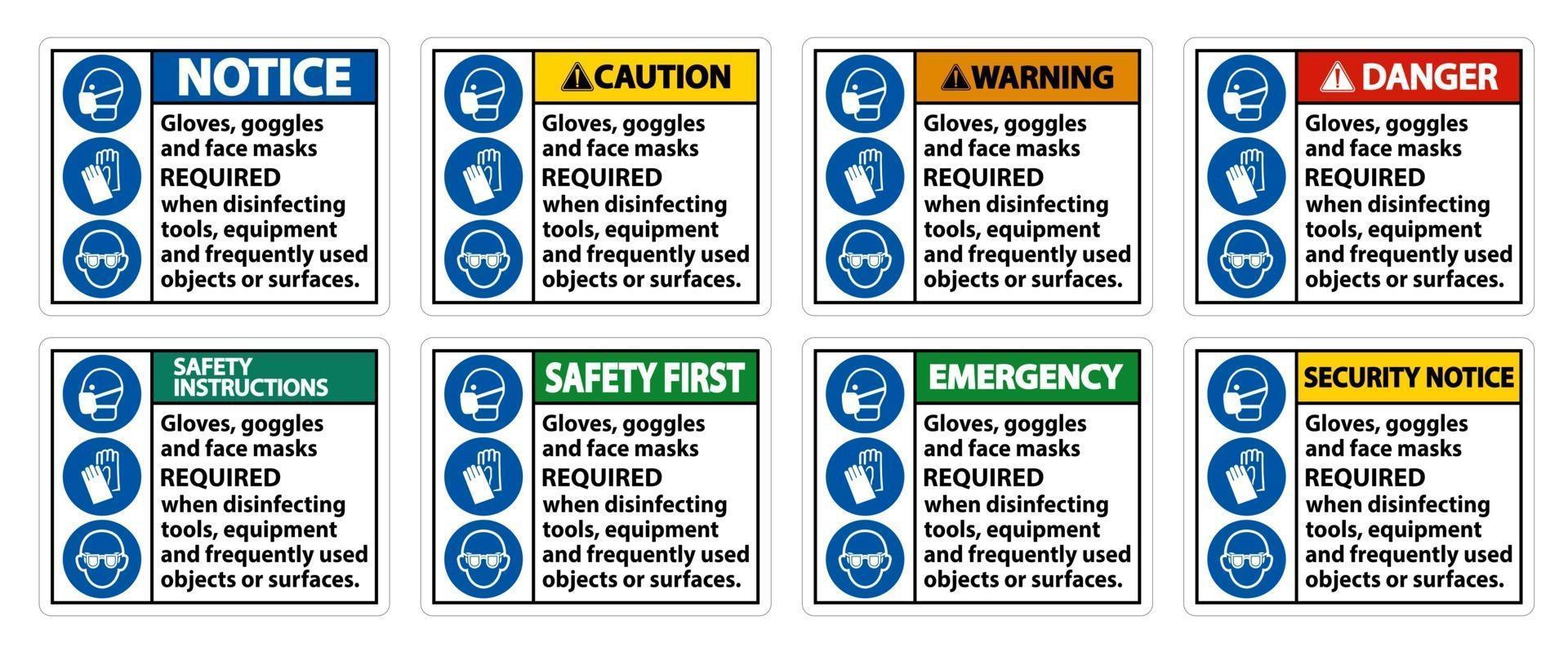 handschoenen, bril en gezichtsmaskers vereist teken op witte achtergrond, vectorillustratie eps.10 vector