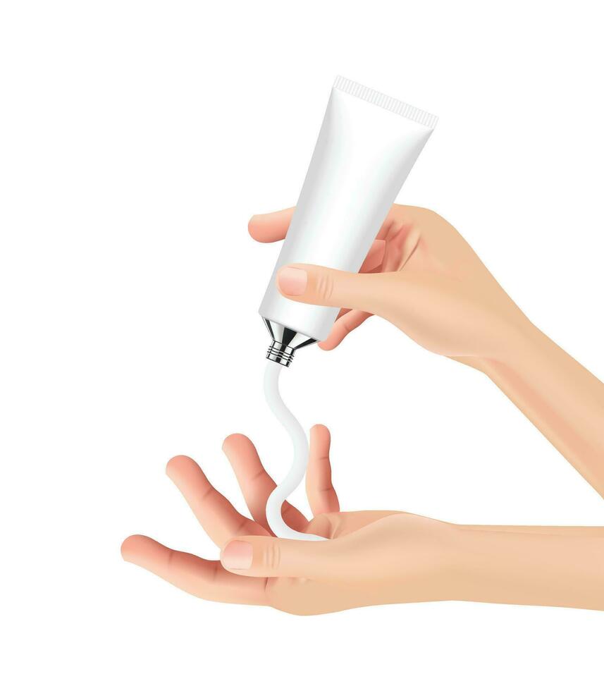 Open handen en gieten lotion van verpakking vector illustratie. knijpen vloeistof van huidsverzorging routine- in fles Leuk vinden realistisch.