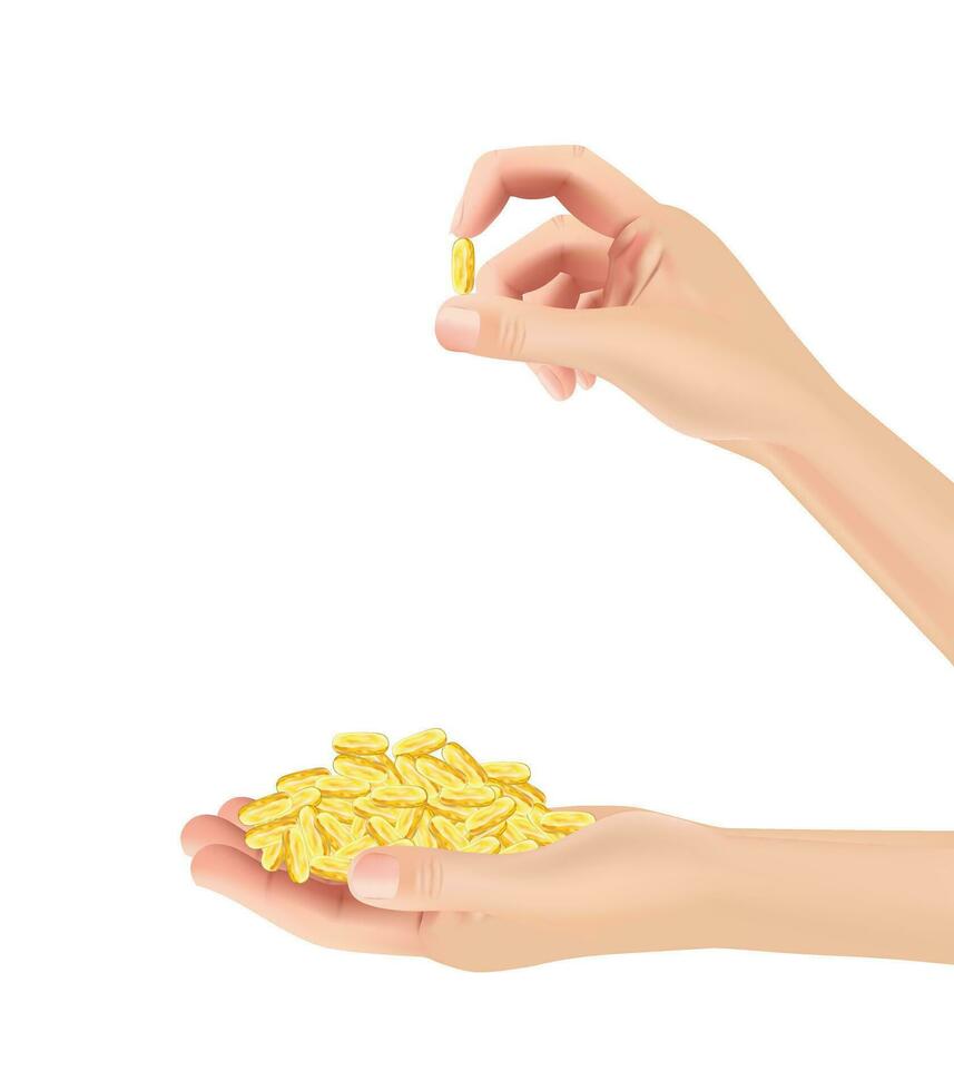 vrouw met dieet supplementen en vitamine supplementen net zo geel capsules met wit achtergrond kleur. Gezondheid zorg met 3d illustratie elementen. vector