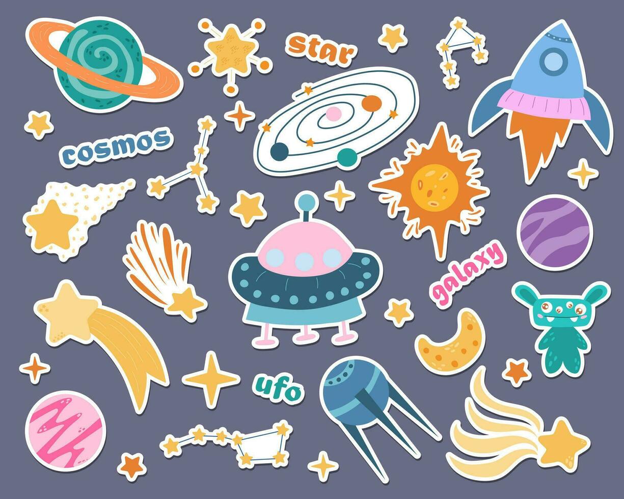 een reeks van stickers van ruimte tekenfilms, tekenfilm monsters, buitenaardse wezens. vector