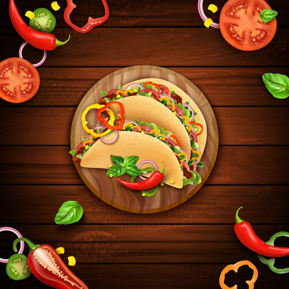 realistisch gedetailleerd 3d taco's Mexicaans voedsel Aan een achtergrond. vector