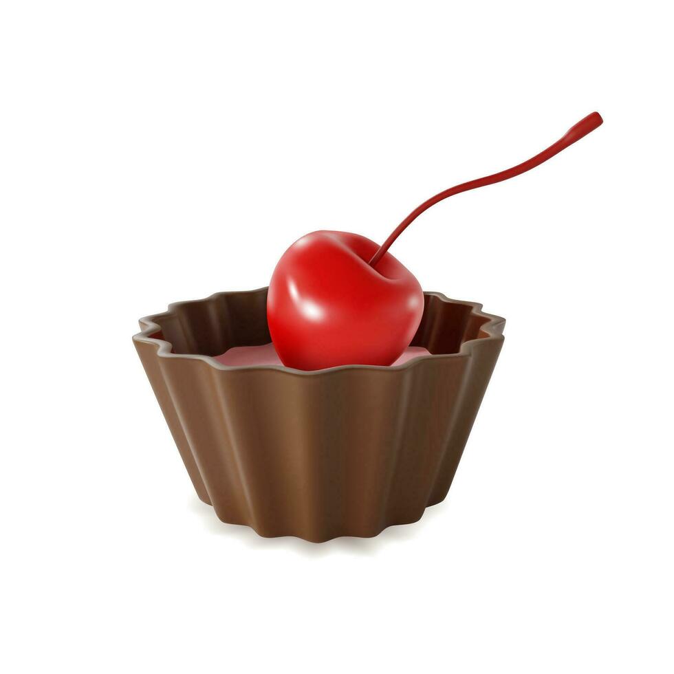 realistisch gedetailleerd 3d chocola snoep met kers. vector