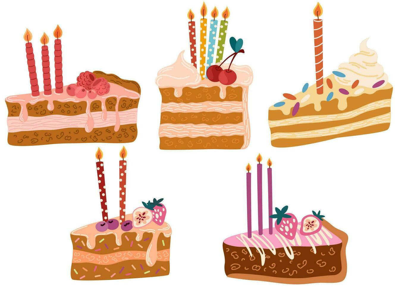 cakes plakjes stukken met kaarsen. banketbakkerij, zoet toetjes, verjaardag en vakantie. reeks van taarten. vector illustratie voor ansichtkaarten en stickers