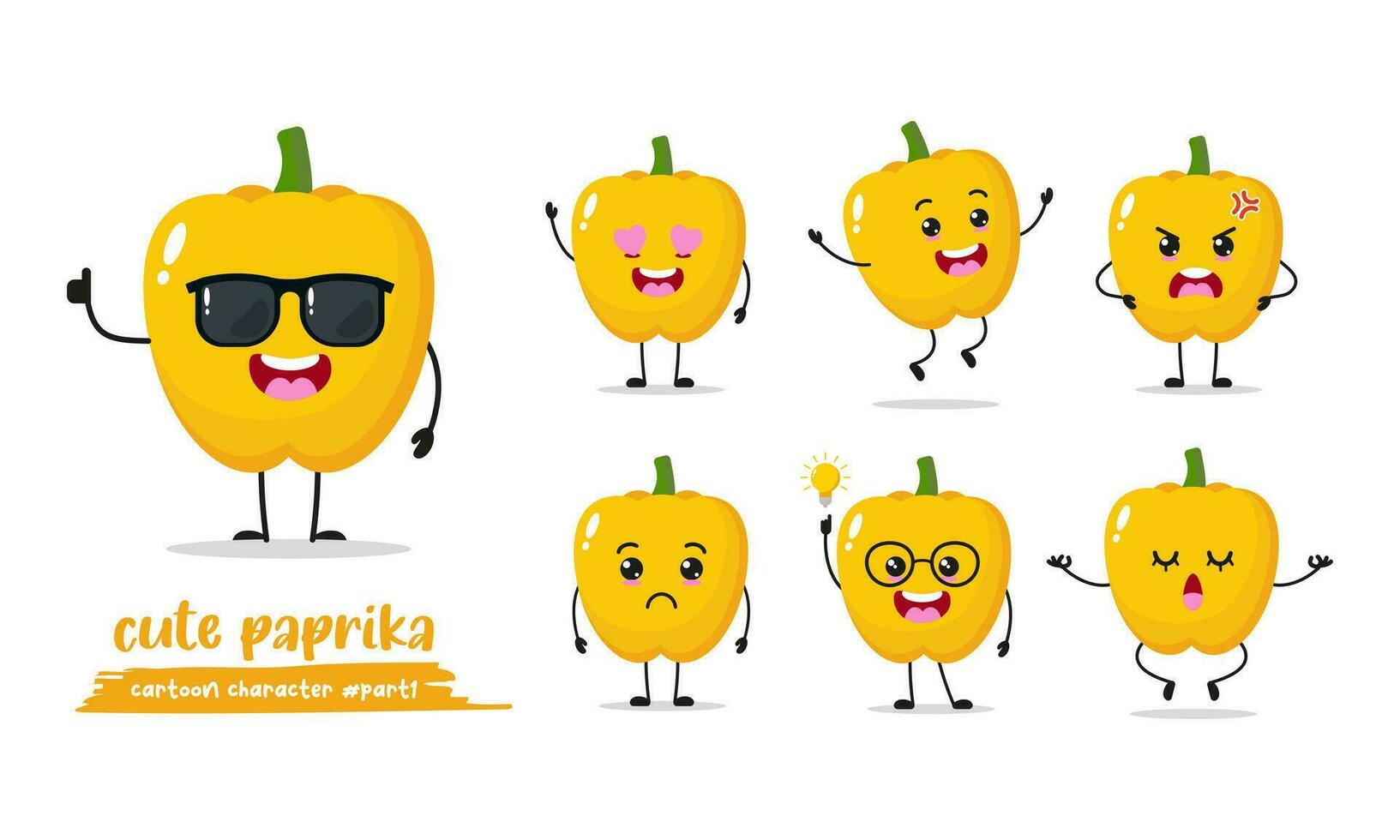 geel paprika tekenfilm met veel uitdrukkingen. verschillend groente werkzaamheid vector illustratie vlak ontwerp. slim paprika voor kinderen verhaal boek.